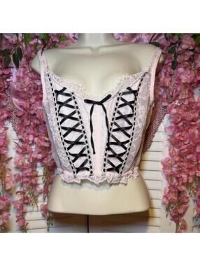 Victoria's Secret pink lace corset top with black ribbon detailing  Size: XL